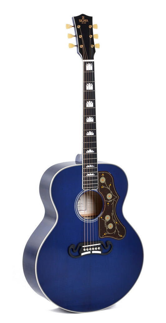 Modèle GJA-SG200-RBL, édition spéciale, Grand Jumbo, table épicéa massif, f/e érable flammé, EQ Fishman, soft case, bleu royal