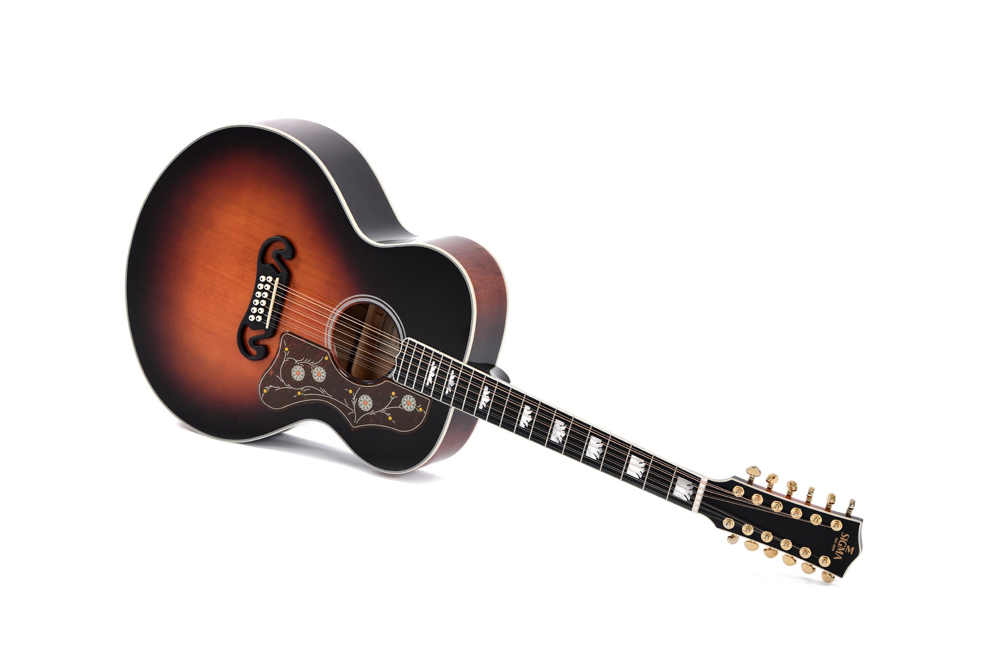 Modèle GJA12-SG200, Grand Jumbo 12 cordes, table épicéa massif, f/e érable flammé, touche micarta, EQ Fishman, vintage sunburst