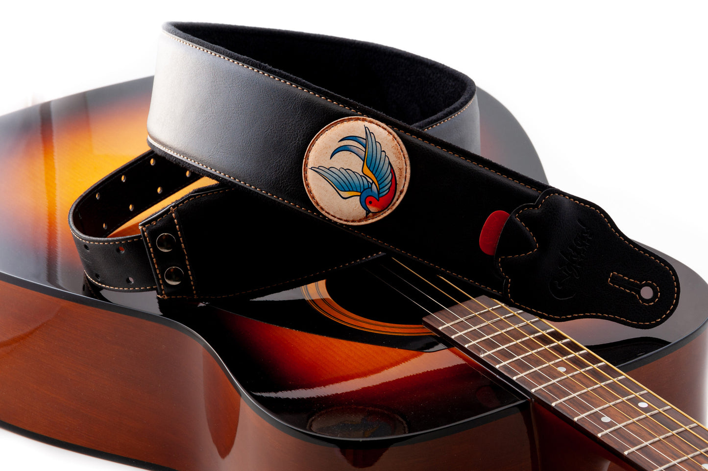 Courroie modèle TATOO SWALLOW, extérieur synthétique, largeur 7 cm, longueur 98 à 153 cm, porte-médiators intégré, noir