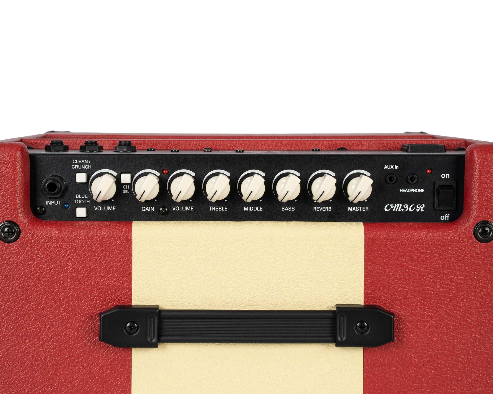 Ampli guitare 30W, 1x 10", 2 canaux, égaliseur 3 bandes, réverb, entrée Bluetooth, entrée CD/MP3 mini-Jack, rouge