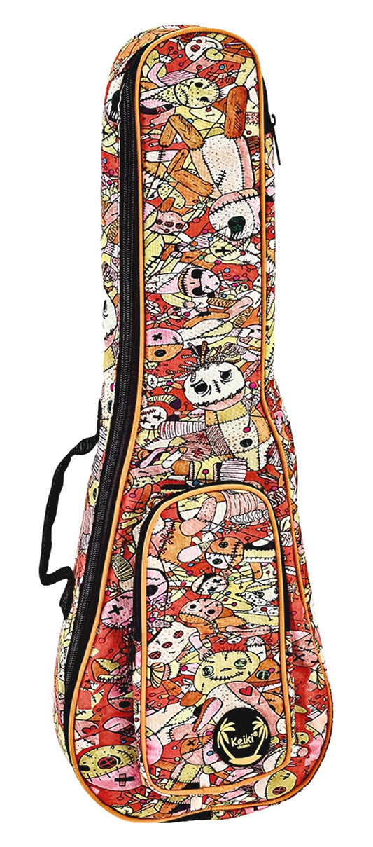 Housse Ukulélé Concert, design"Voodoo Puppet", nylon doux et solide, rembourrage 10 mm, courroies ajustables, poche accessoires