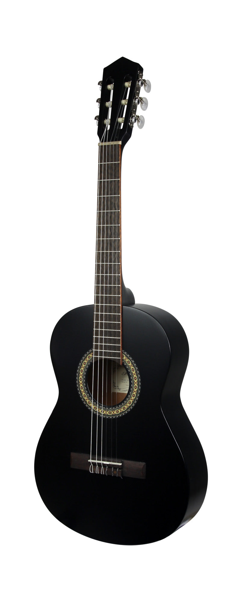 Guitare classique 3/4, table épicéa, fond & éclisses acajou, manche acajou, sillet 45 mm, cordes Bosset, noir satiné