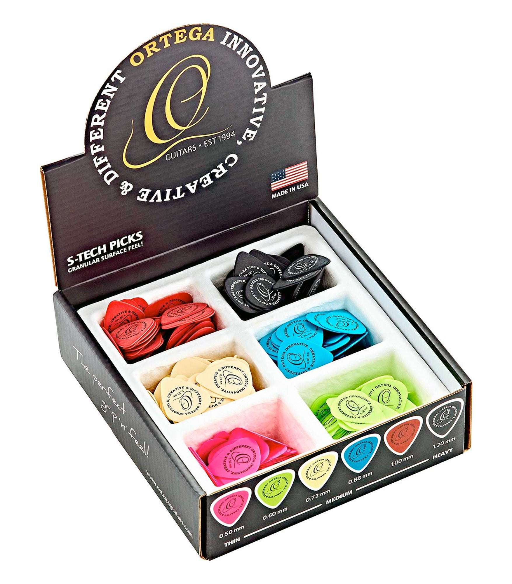 Boîte de 216 médiators ORTEGA S-TECH, 36 de chaque épaisseur (0.50, 0.60, 0.73, 0.88, 1.00 et 1.20 mm), fabriqués aux USA