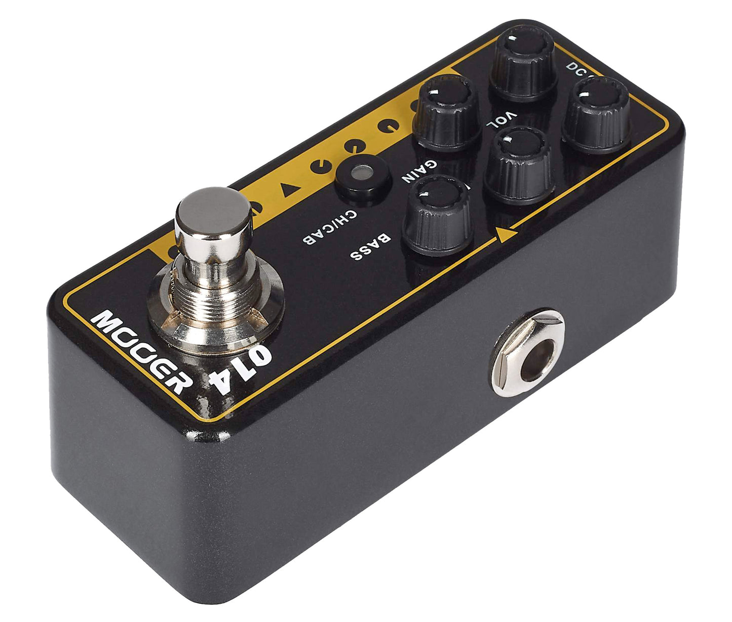 Pédale TAXIDEA TAXUS, préampli numérique type US combo, deux canaux, EQ 3 bandes par canal, noir et jaune