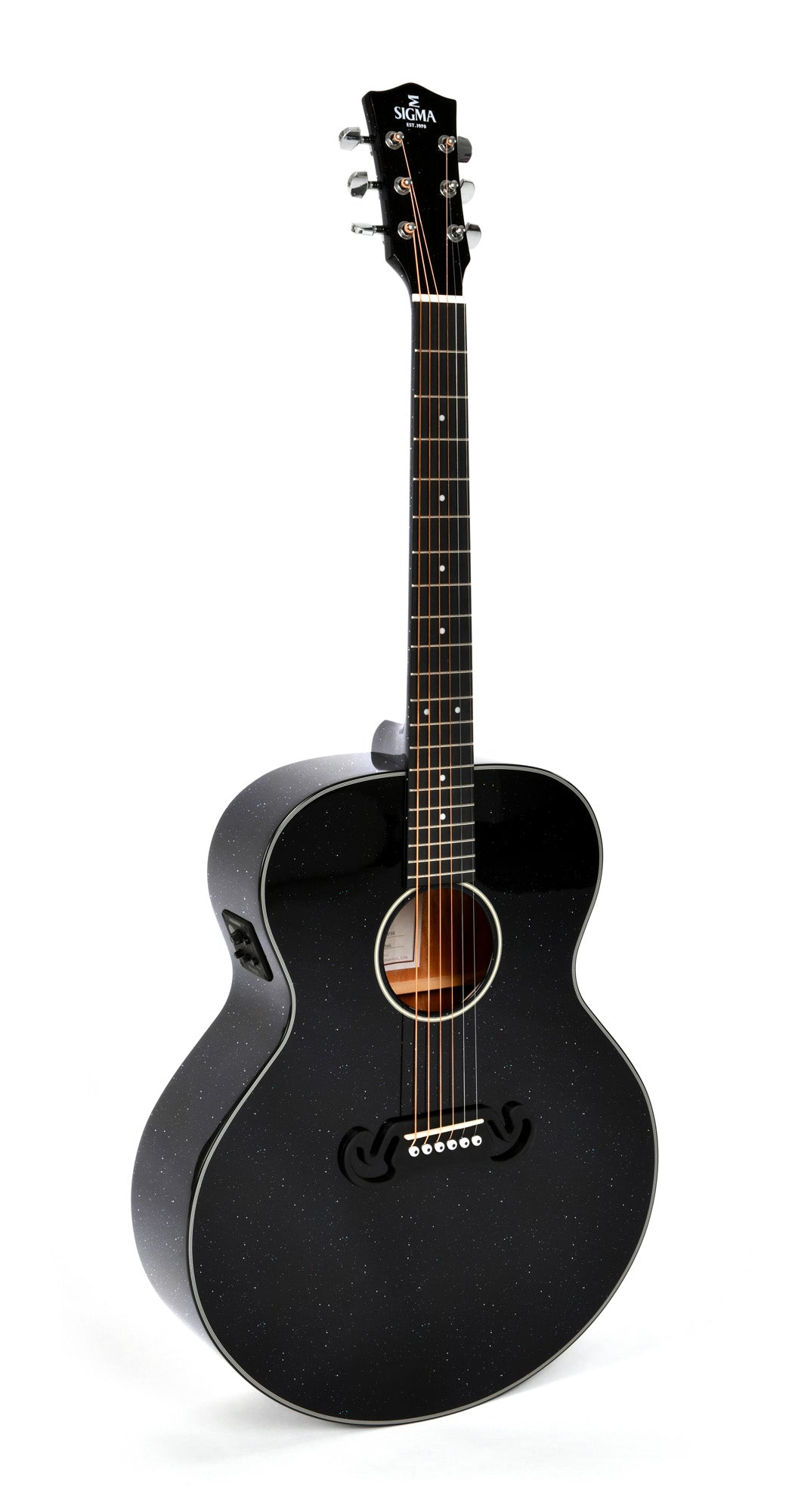 Modèle GJM-1E, Grand Jumbo, table épicéa massif, f/e acajou, touche micarta, EQ Fishman, noir pailleté