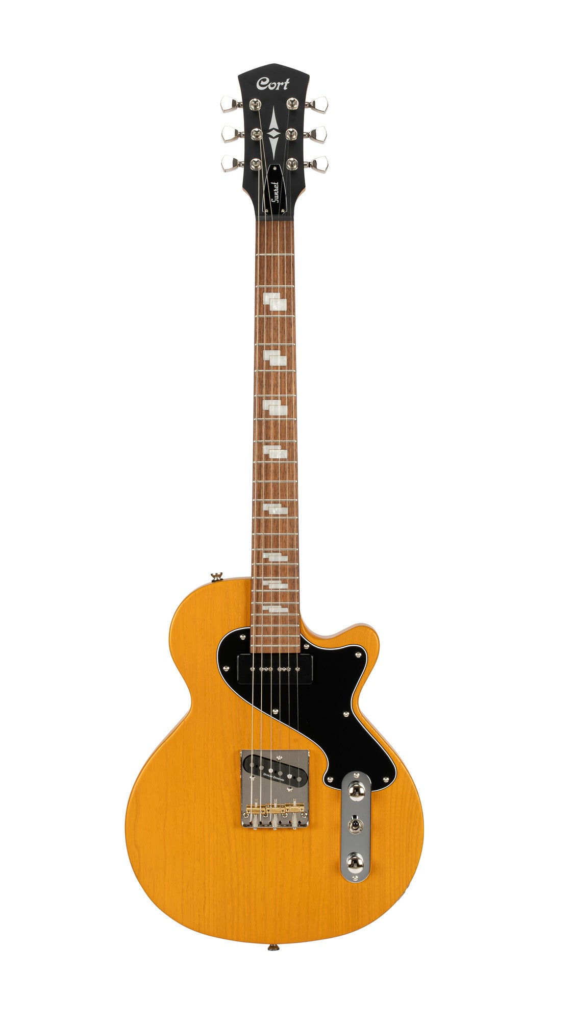 SUNSET TC, corps frêne, manche érable, touche jatoba, 2 micros CORT Voiced Tone, jaune moutarde pores ouverts