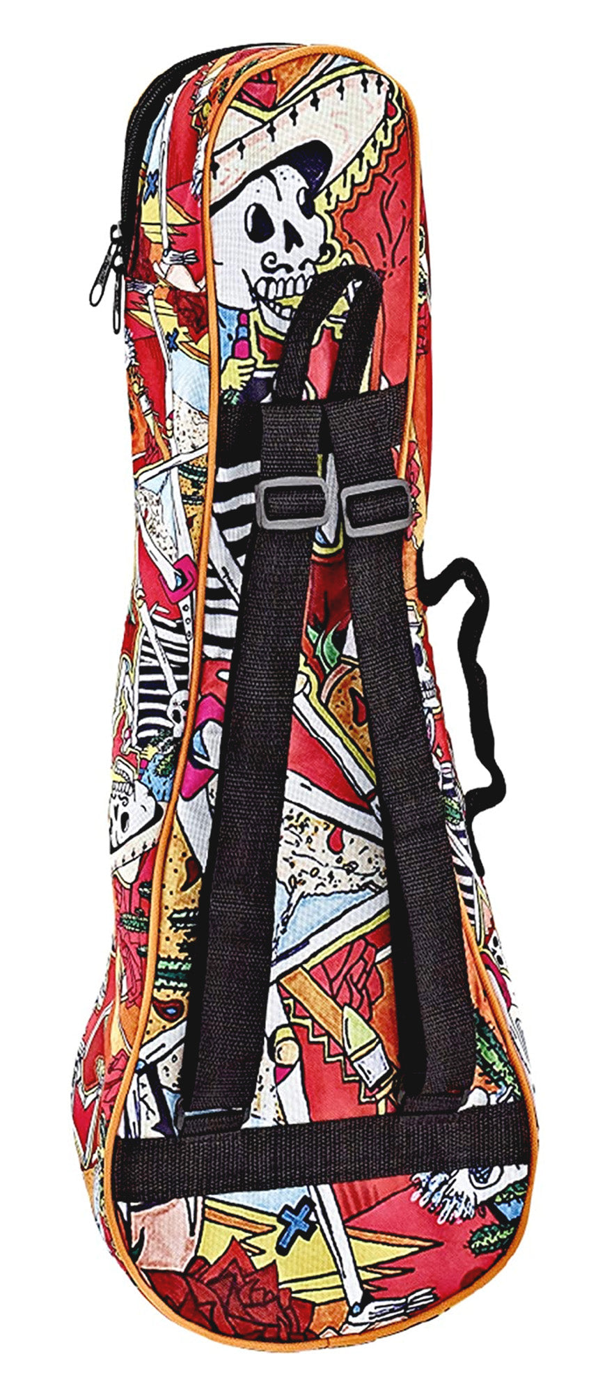 Housse Ukulélé Concert, design"El Muerto", nylon doux et solide, rembourrage 10 mm, courroies ajustables, poche accessoires