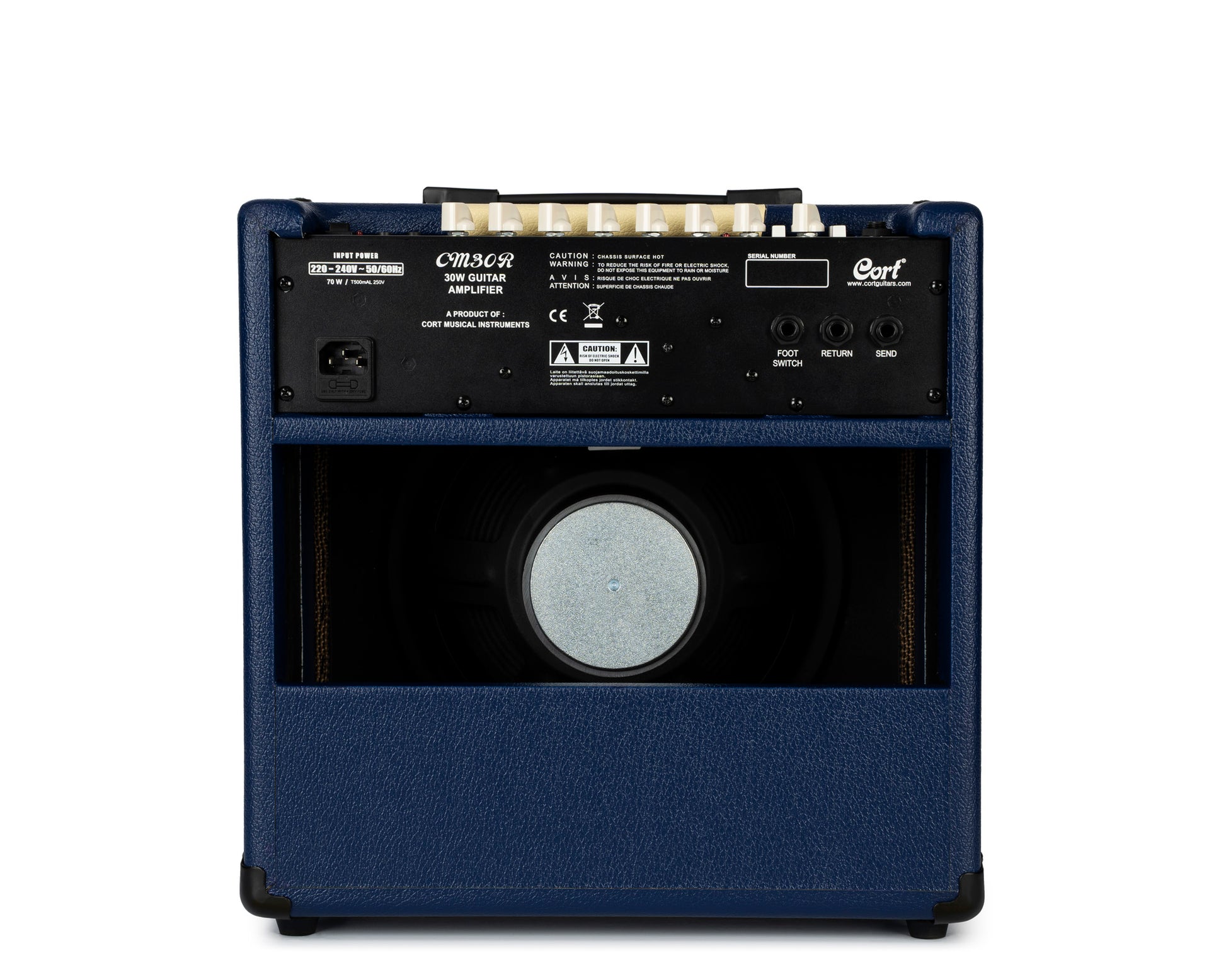 Ampli guitare 30W, 1x 10", 2 canaux, égaliseur 3 bandes, réverb, entrée Bluetooth, entrée CD/MP3 mini-Jack, bleu