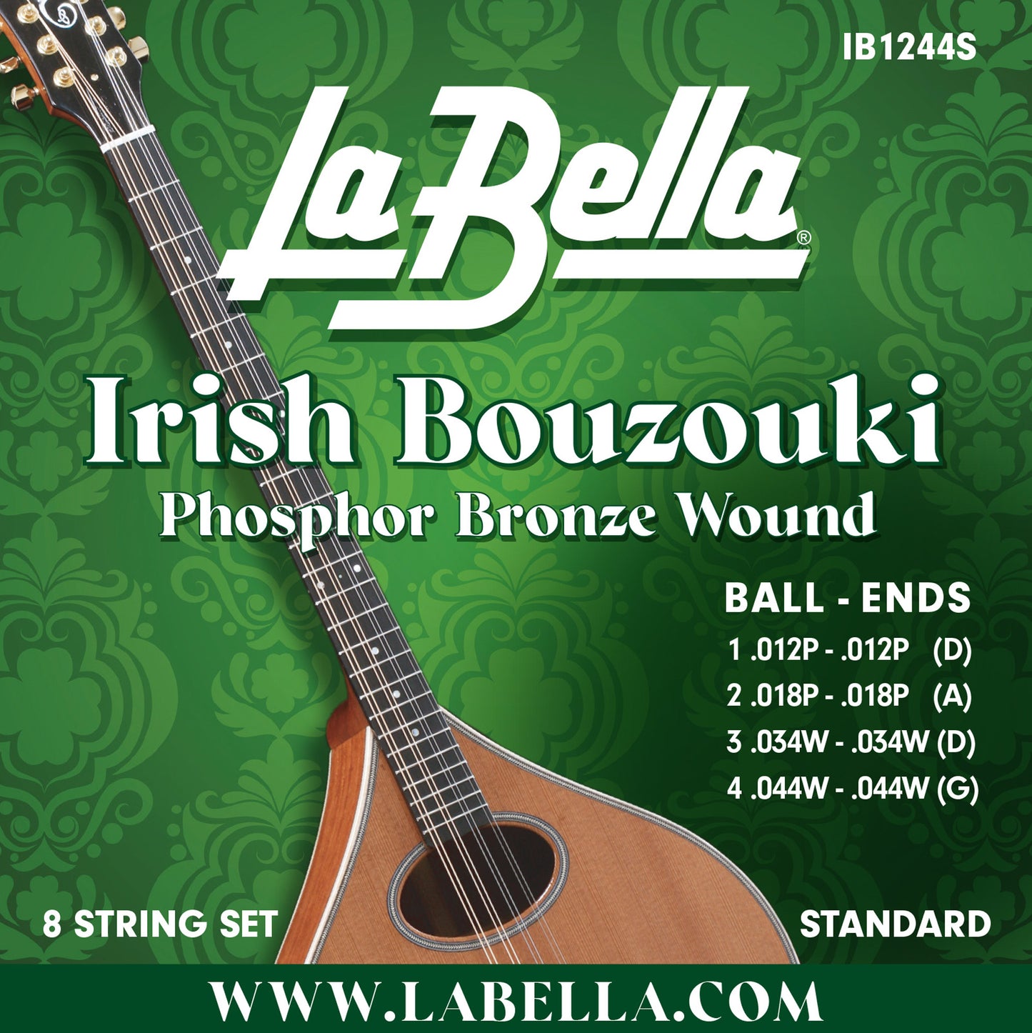 Jeu pour bouzouki irlandais, acier plein et filé phosphore bronze, 8 cordes Standard (12/12-18/18-34w/34w-44w/44w)