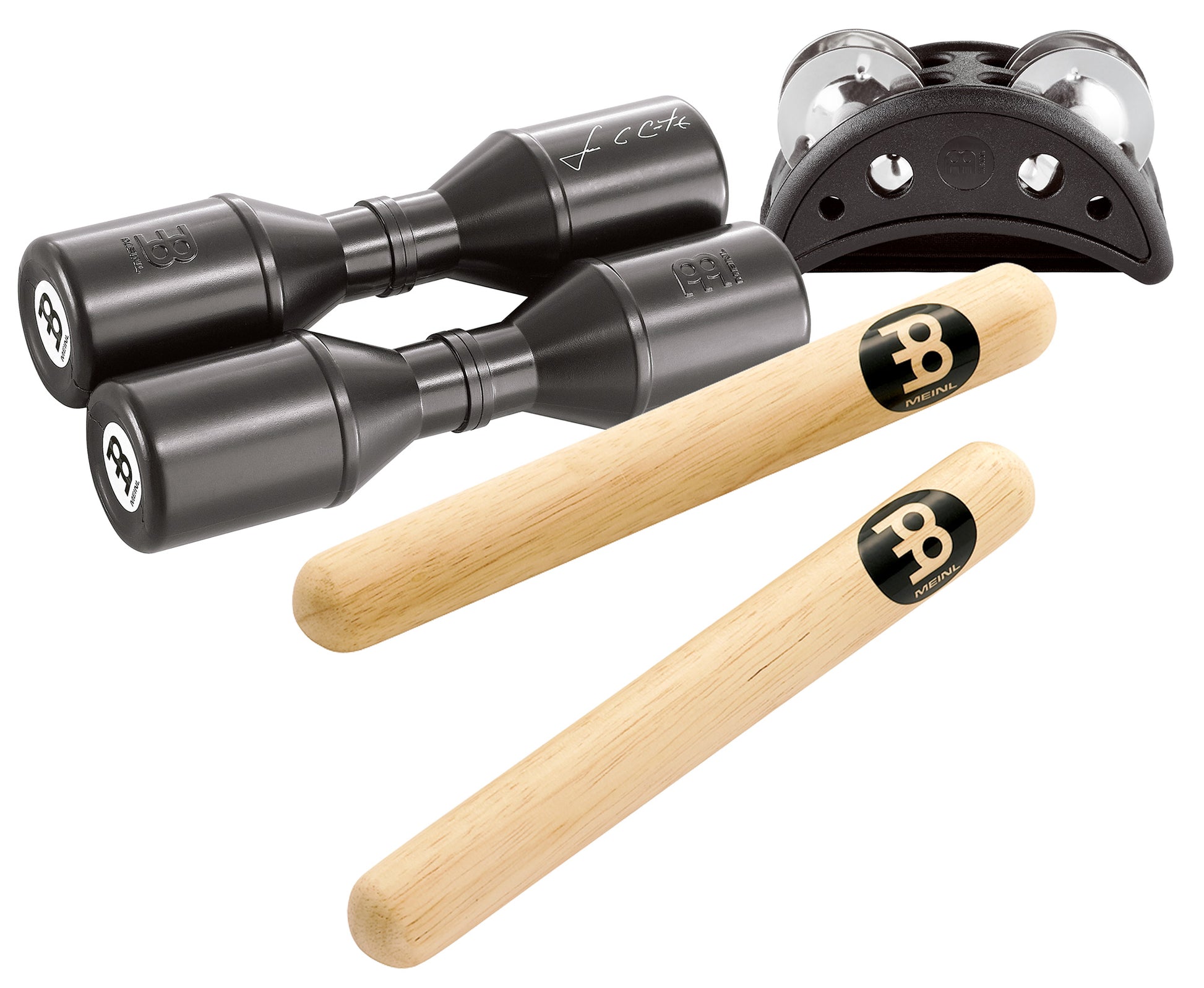 Pack de 3 percussions : Tambourin de pied, Shaker Luis Conte, Paire de clave en bois