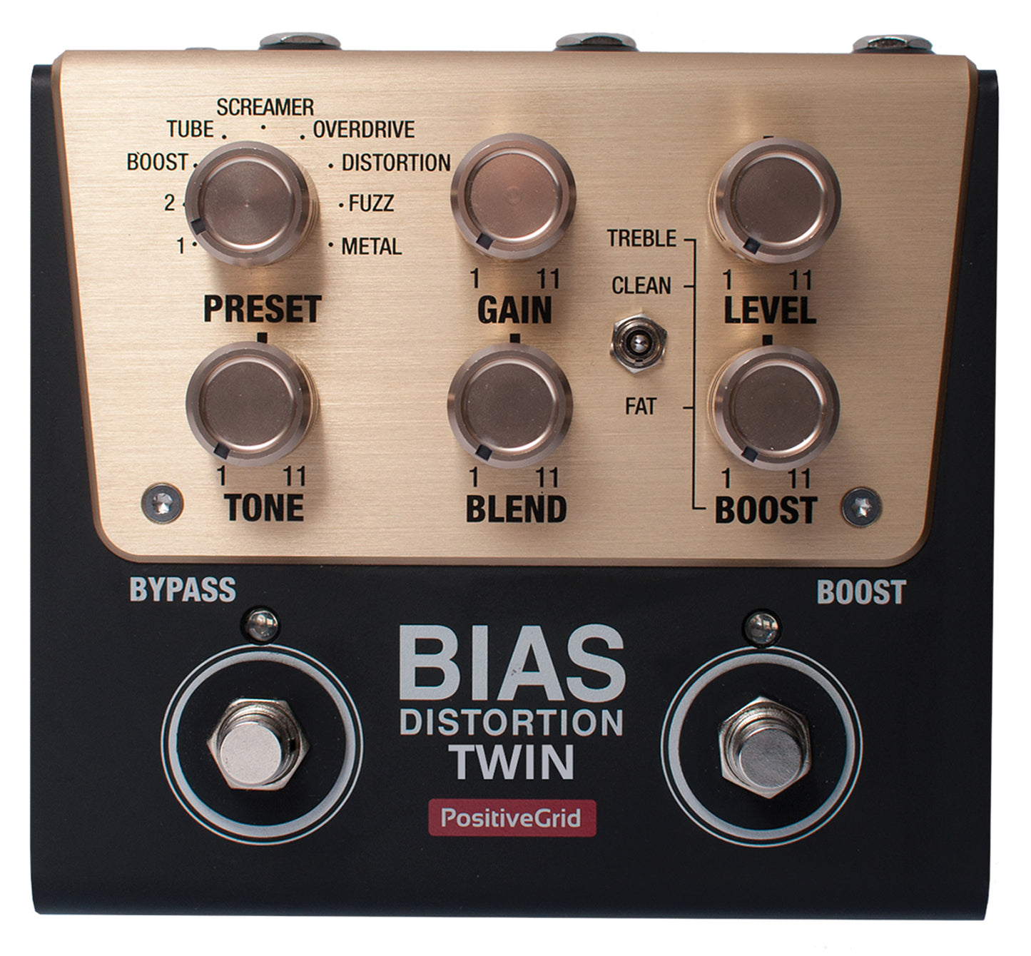 BIAS Distorsion Twin, pédale distorsion/overdrive, 9 presets, noir et or