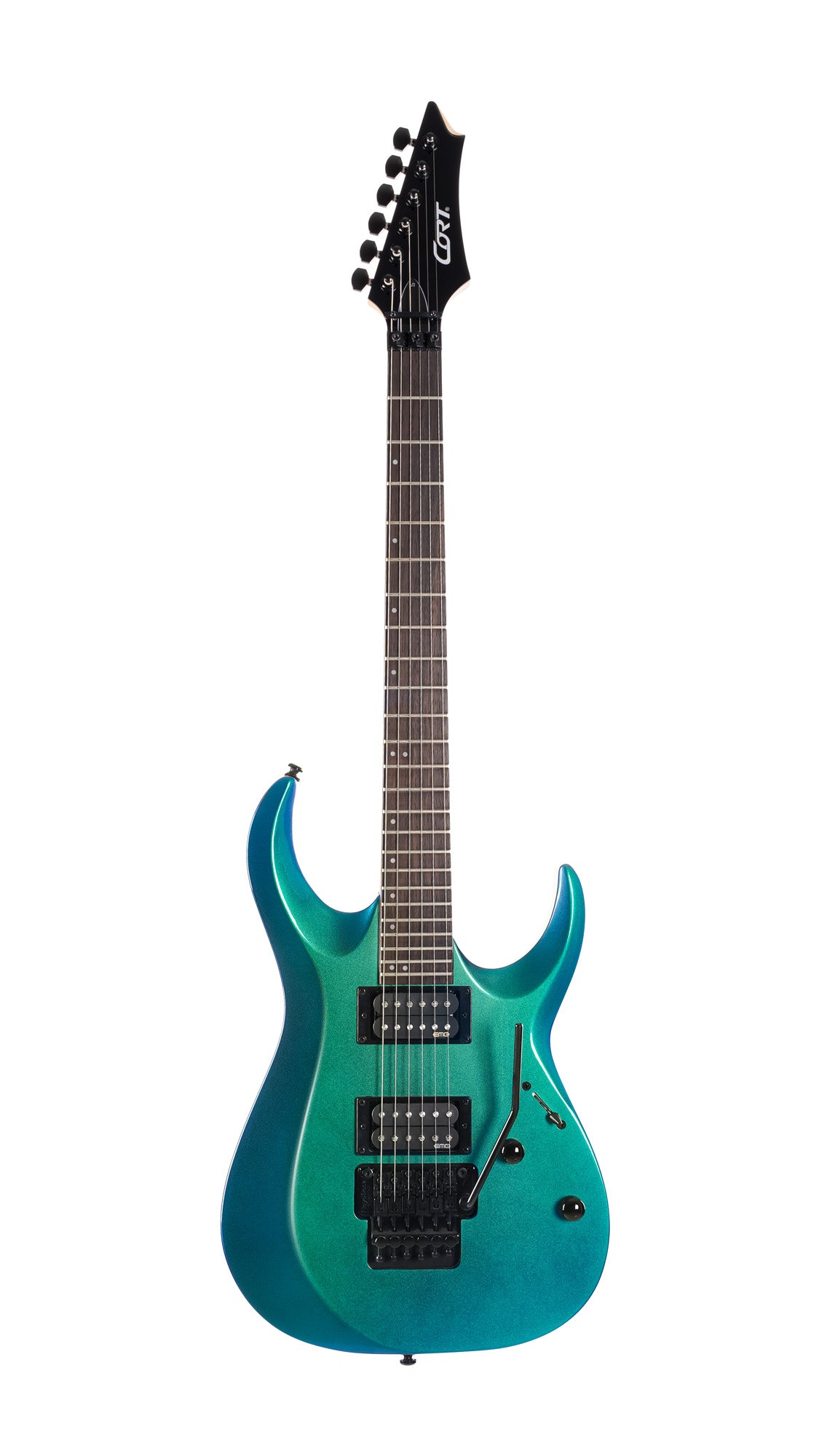X300, corps tilleul, manche érable, touche palissandre, vibrato Floyd Rose, 2 micros EMG RetroActive Hot70, flip blue