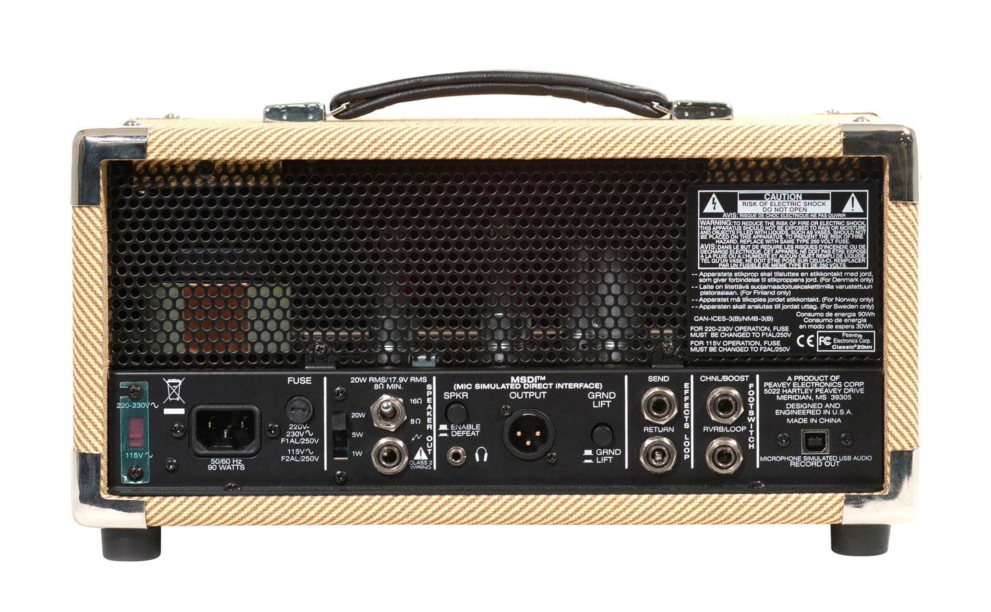 Tête amplifiée à lampes compact 20W, 2 canaux, EQ 3 bandes, Reverb, pédalier inclus, sortie DI, sortie casque, finition tweed