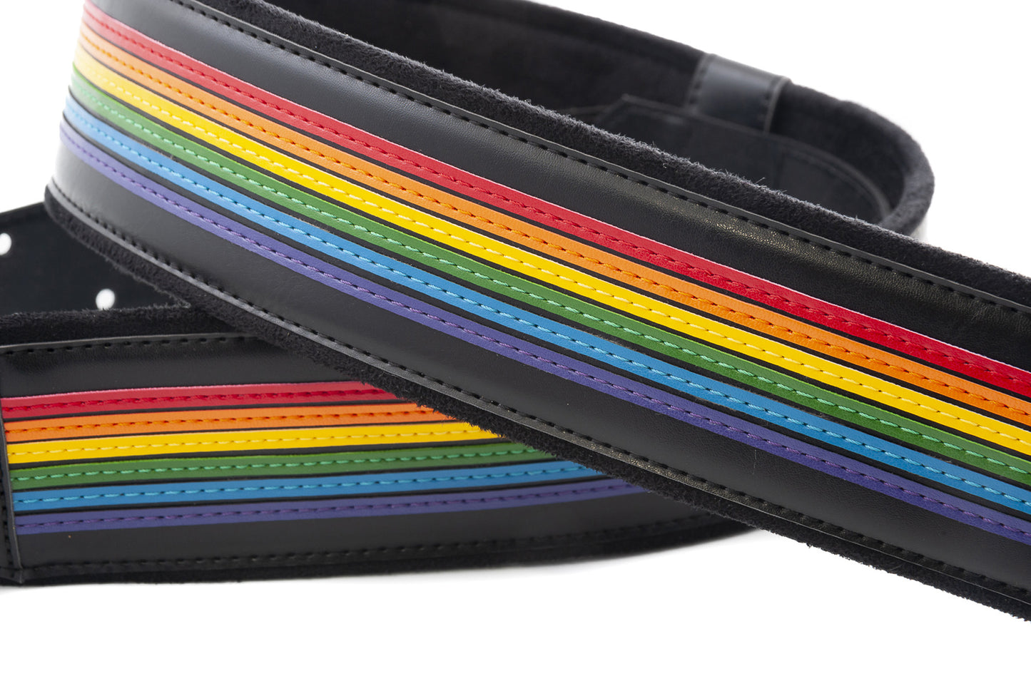 Courroie modèle PRISMA, extérieur synthétique, largeur 6 cm, longueur 100 à 145 cm, porte-médiators intégré, noir et arc-en-ciel