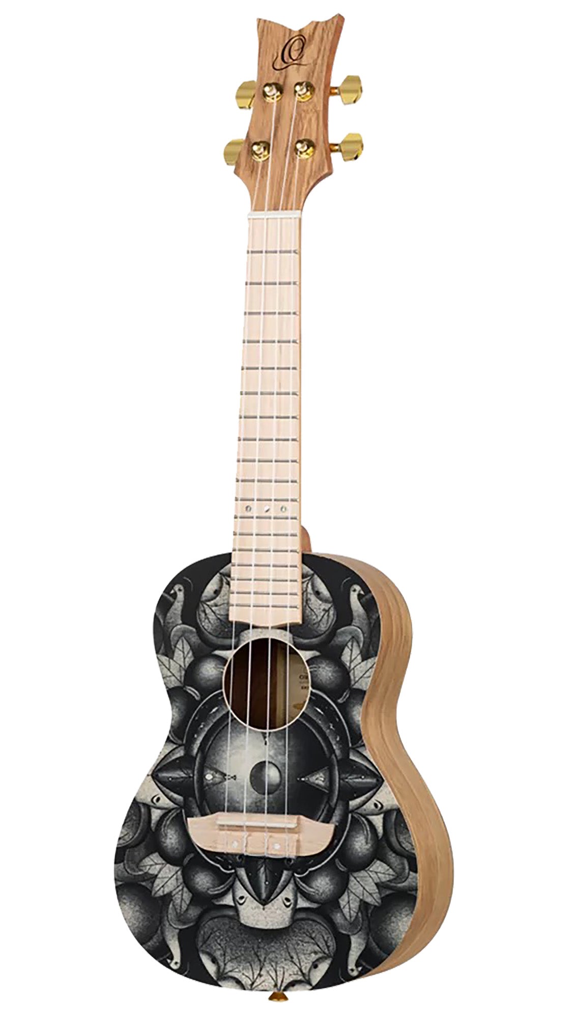 RUAR-BI, modèle Concert, table épicéa avec motif custom, fond & éclisses catalpa, manche nato, motif"oiseaux" satiné