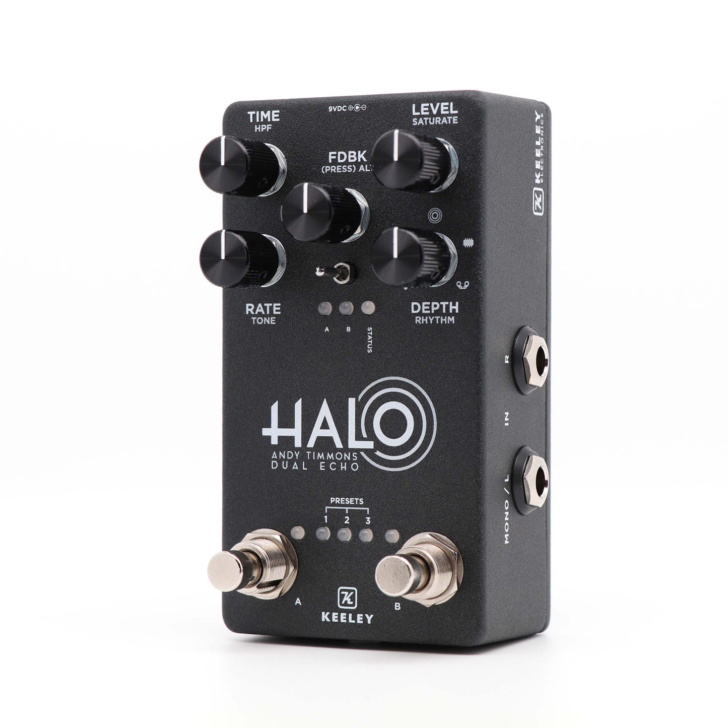 Pédale HALO, Andy Timmons Dual Echo, délai stéréo 5 modes, entrée pour pédale d'expression, boitier métal, gris