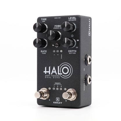 Pédale HALO, Andy Timmons Dual Echo, délai stéréo 5 modes, entrée pour pédale d'expression, boitier métal, gris