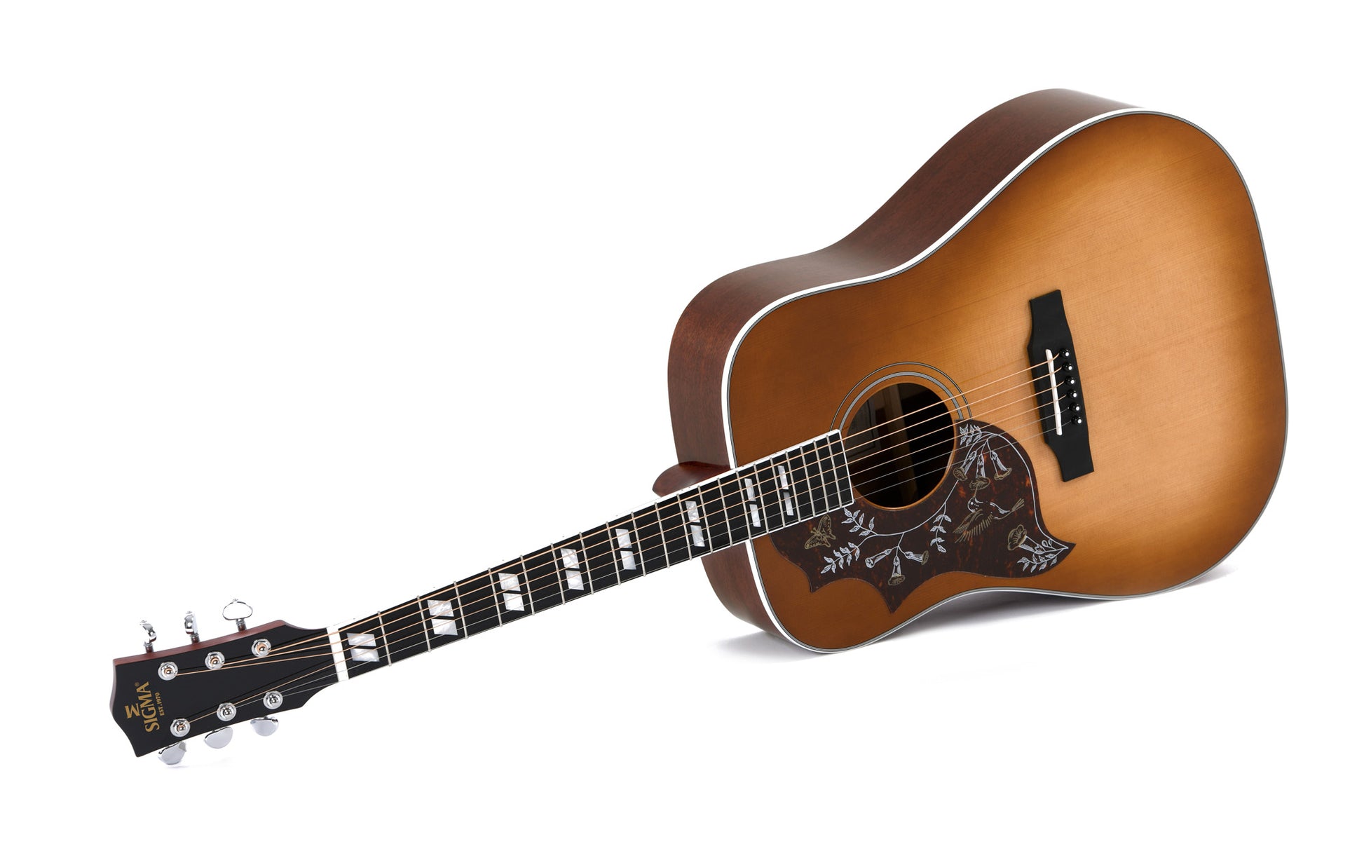 Modèle DM-SG5L, Dreadnought, table épicéa massif, f/e acajou, touche micarta, EQ Fishman, soft case, heritage sunburst, gaucher