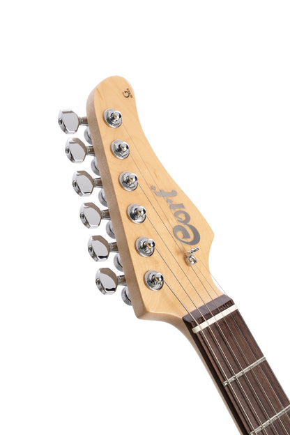 G280 SELECT, corps aulne, table érable flammé, touche palissandre, 2 micros simples et 1 double Voiced Tone, ambre