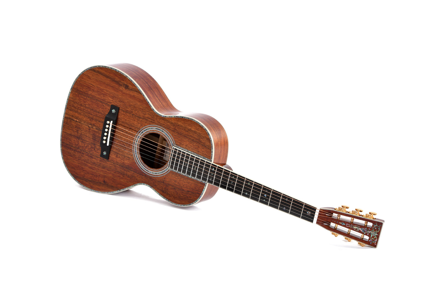 Modèle 00K2-42S, édition spéciale, Forme 00, table Koa flammé massif, f/e Koa flammé, tête ajourée, soft case, nat. brillant