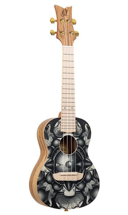 RUAR-BI, modèle Concert, table épicéa avec motif custom, fond & éclisses catalpa, manche nato, motif"oiseaux" satiné