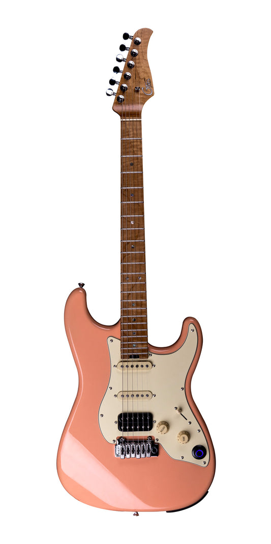 GTRS P801, corps aulne, manche érable flammé torréfié, touche érable, micros et processeur GTRS, flamingo pink