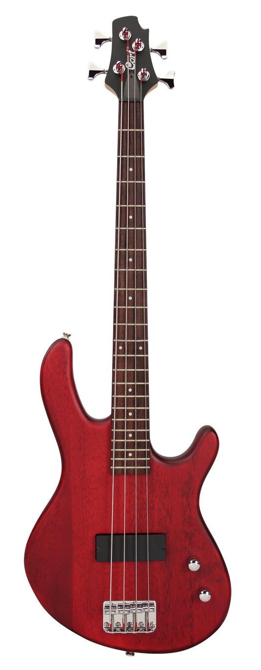 Action Junior, 4 cordes, diapason 30", corps agathis, manche érable, touche jatoba, 1 micro double, bordeaux pores ouverts