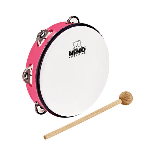 Tambourin Nino 8" cadre en plastique ABS, peau synthétique, cymbalettes nickelées, avec mailloche bois, rose