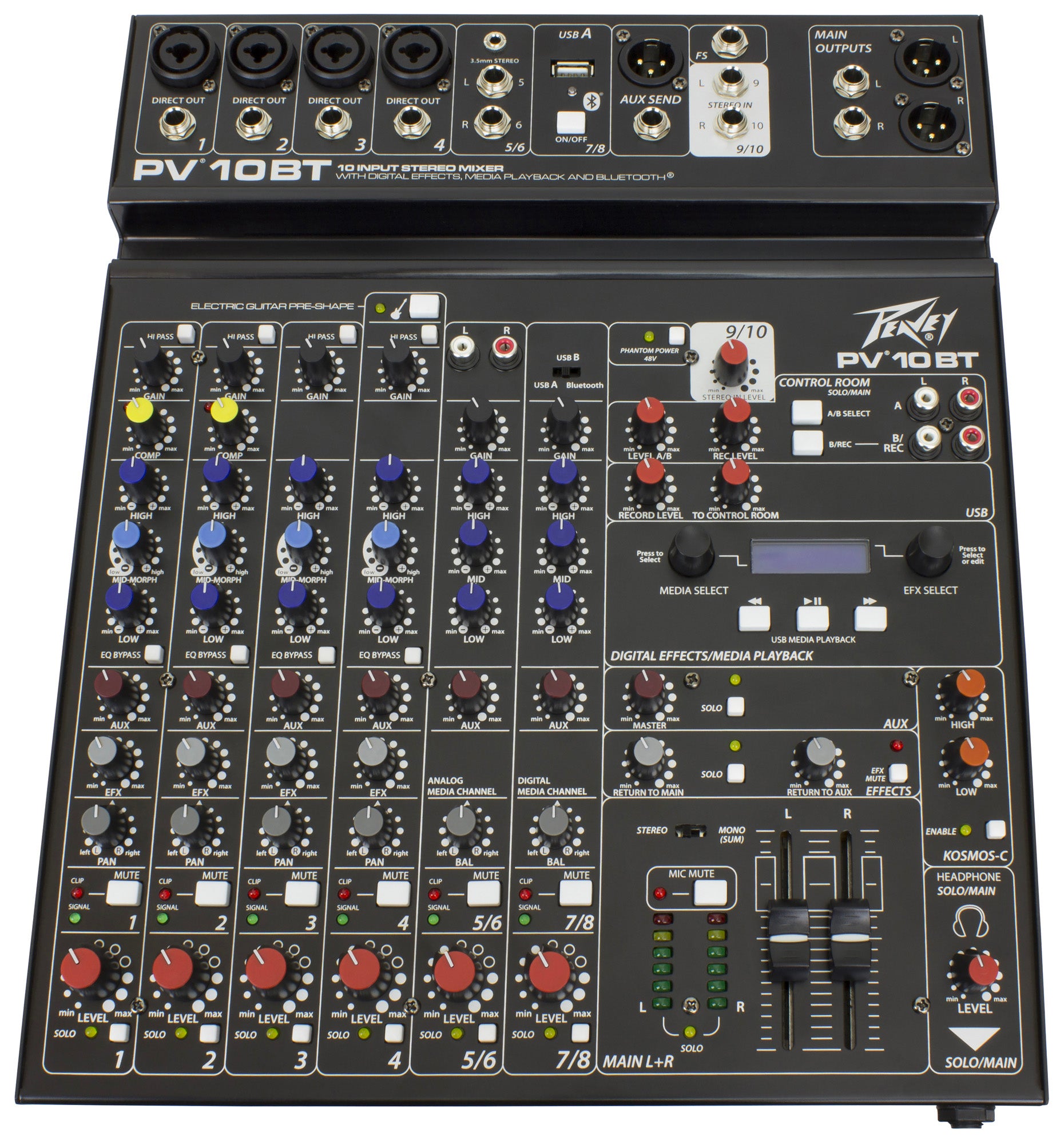 Table de mixage 10 canaux, 4 préamplis micro XLR/Jack, EQ 3 bandes, Bluetooth, effets numériques, entrée guitare Hi-Z, noir