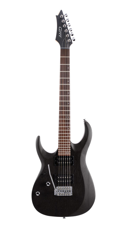 X100, corps meranti, manche érable, touche jatoba, trémolo 6 points, 2 doubles Powersound, noir pores ouverts, modèle gaucher