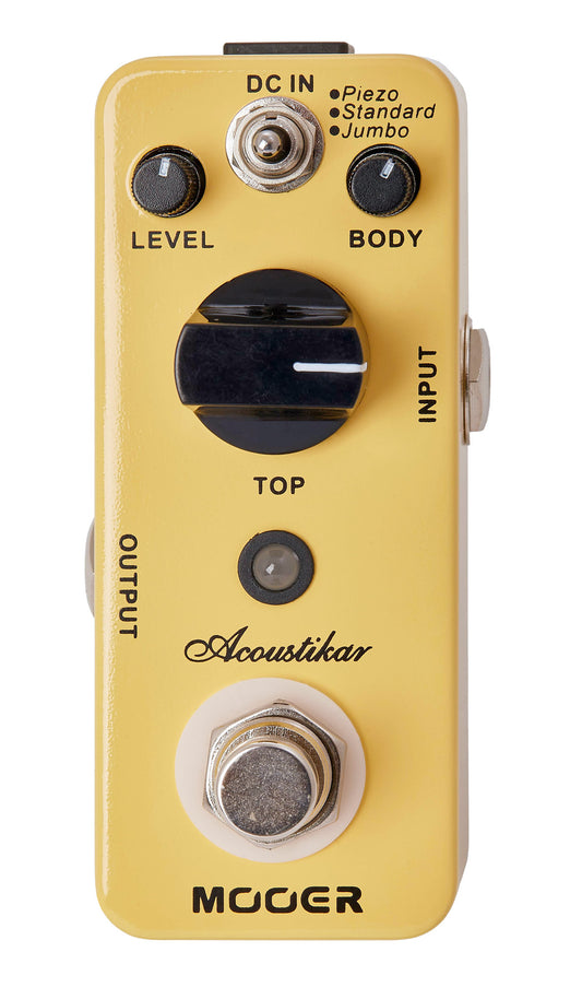 Pédale ACOUSTIKAR, simulateur guitare acoustique 3 modes (Piezo/Standard/Jumbo), boîtier métal, true bypass, jaune