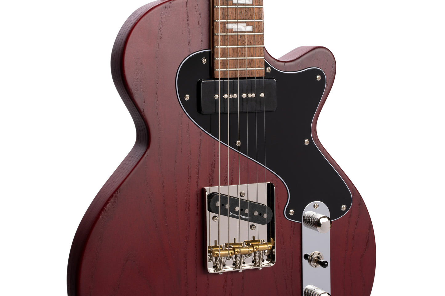 SUNSET TC, corps frêne, manche érable, touche jatoba, 2 micros CORT Voiced Tone, bordeaux pores ouverts