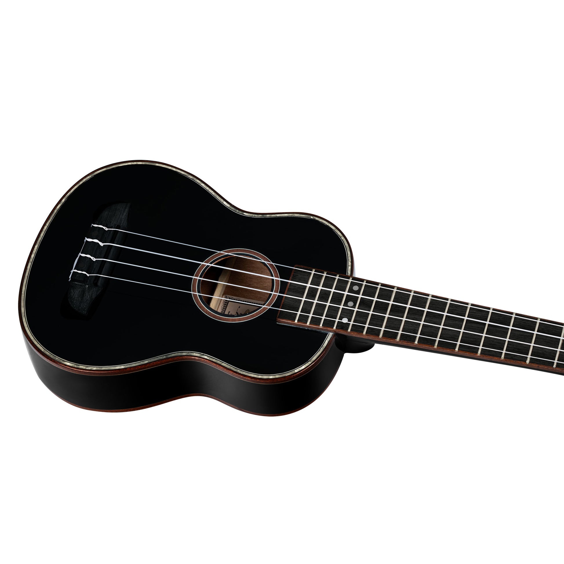 RUOX-SO, modèle Soprano, table épicéa, fond & éclisses acajou, manche acajou, housse luxe, noir brillant