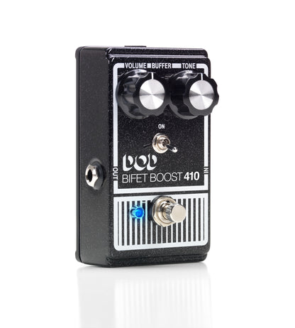 Pédale BIFET BOOST 410, boost basé sur le circuit original avec composants actualisés, True Bypass, switch Buffer On/Off, noir