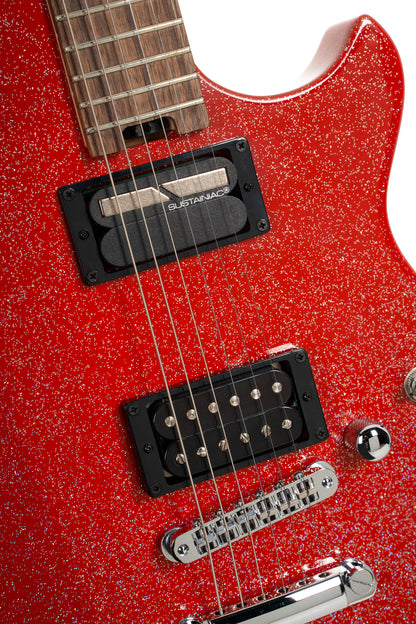 MBM-2H-SUS, signature Matt Bellamy, corps tilleul, manche érable, micros Manson & Sustainiac,"Kill" bouton, rouge pailleté