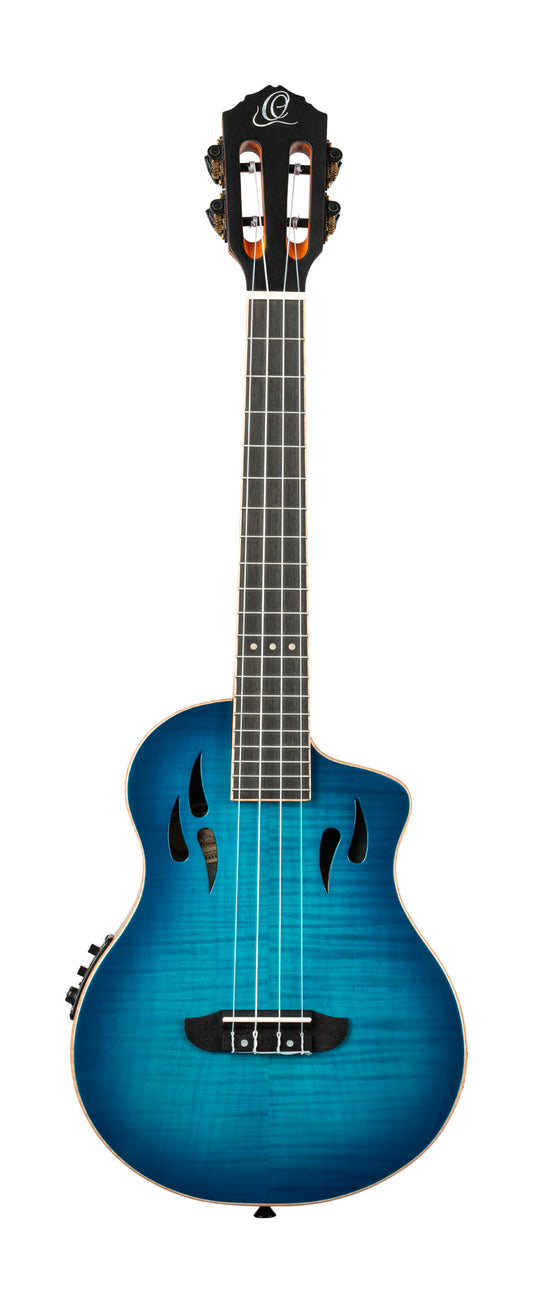 RTPX-U-FMA, modèle Tourplayer Ténor, pan coupé, EQ Magus X/U, table érable flammé, f/e okoumé, manche acajou, housse, bleu
