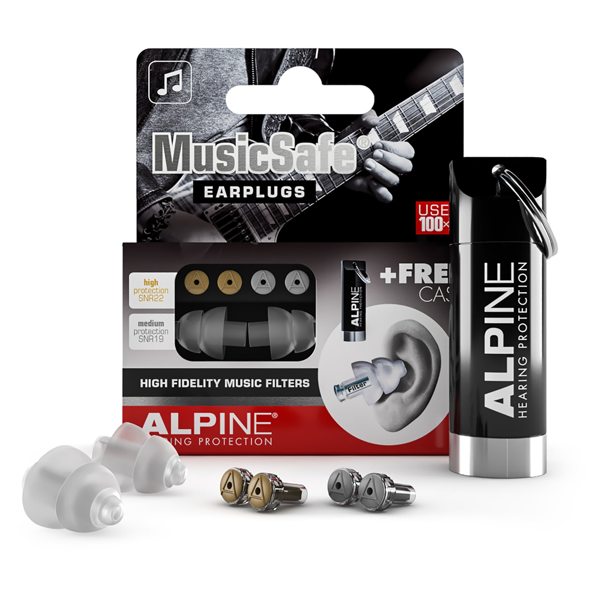MusicSafe, deux bouchons d'oreilles, deux paires de filtres interchangeables (atténuation 19 ou 22 dB), étui