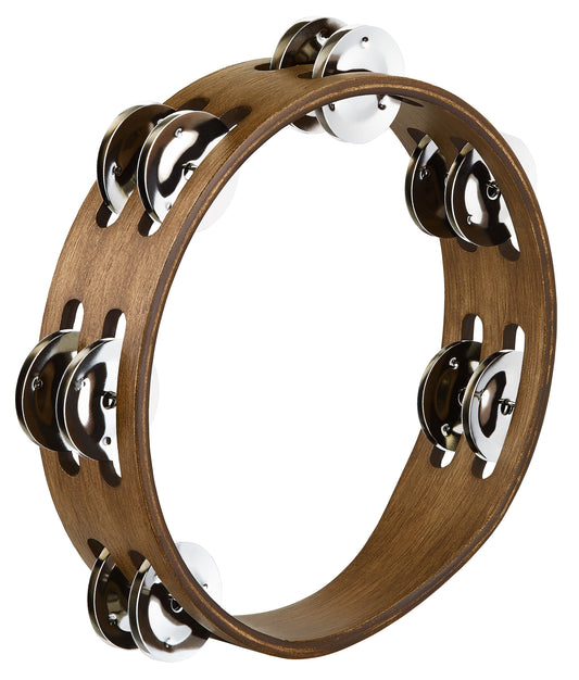 Tambourin bois compact 8", 2 rangées de cymbalettes en acier inoxydable, Walnut brown