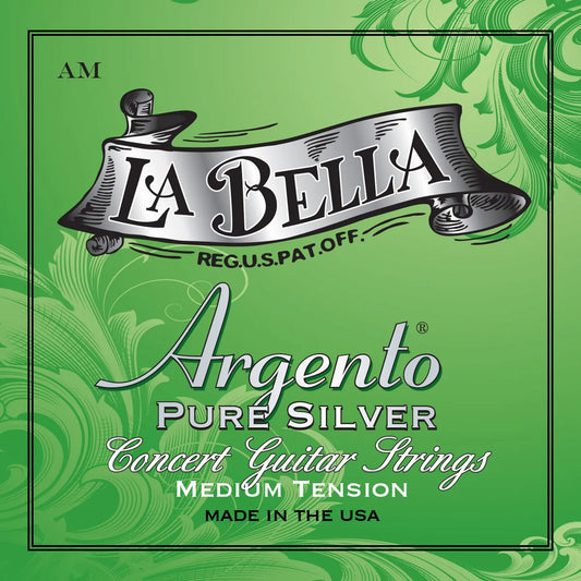 Jeu pour guitare classique ARGENTO Pure Silver, aigus nylon rectifié, basses filées argent, tension Medium