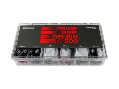 Boîte de 324 médiators Prime Grip DELRIN 500, 72 de chaque en 0.46, 0.71 et 0.96, 36 de chaque en 1.14, 1.5 et 2.0 mm