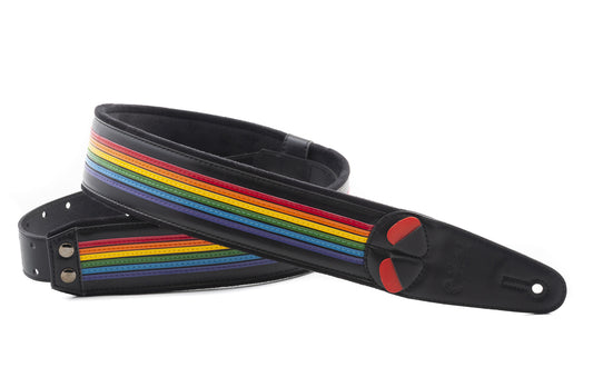 Courroie modèle PRISMA, extérieur synthétique, largeur 6 cm, longueur 100 à 145 cm, porte-médiators intégré, noir et arc-en-ciel