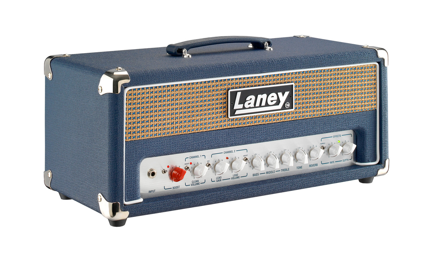 Tête guitare électrique 120W, 2 canaux, EQ 3 bandes, réverb, tremolo, chorus, boucle d'effet, 7 kg, bleu