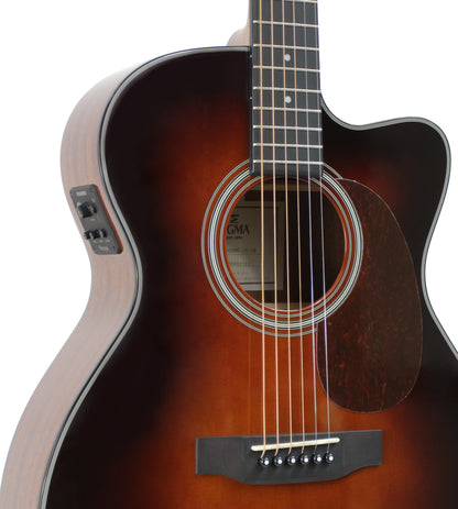 Modèle 000MC-1E-SB, Forme 000 pan coupé, table épicéa massif, f/e acajou, touche micarta, EQ Fishman, sunburst brillant