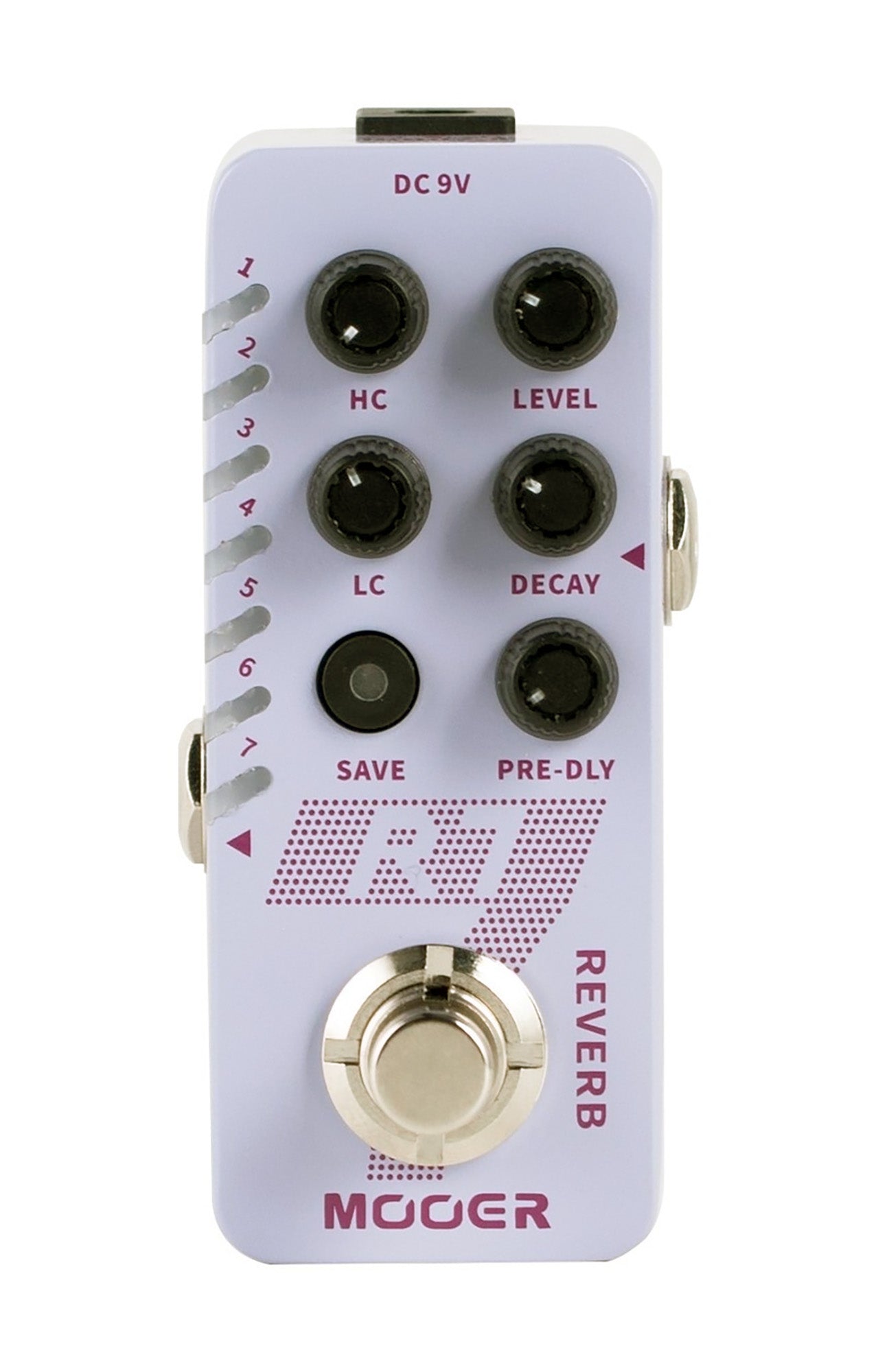 Pédale R7 REVERB, 7 types de réverbs numériques personnalisables, 7 presets utilisateurs, boîtier métal, blanc