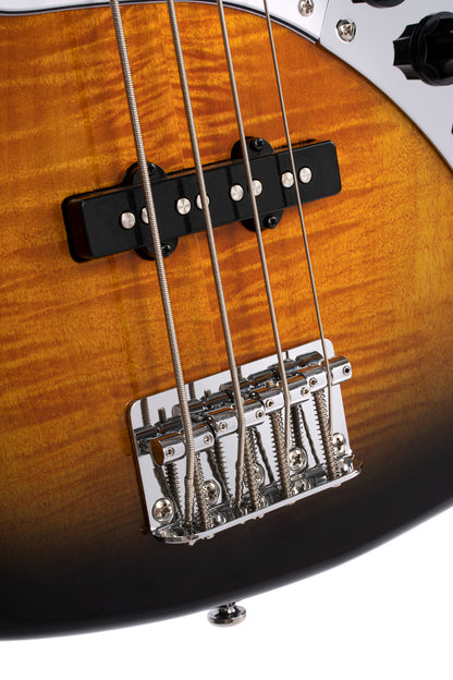 GB24JJ, 4 cordes, corps peuplier, table érable flammé, 2 micros simples Jazz Cort Powersound, sunburst 2 tons translucide