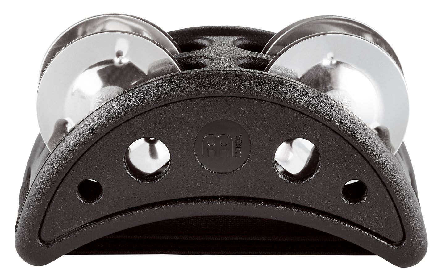 Tambourin pour pied compact, corps synthétique, cymbalettes inox, lanière élastique, mise en place facile, ergonomique, noir