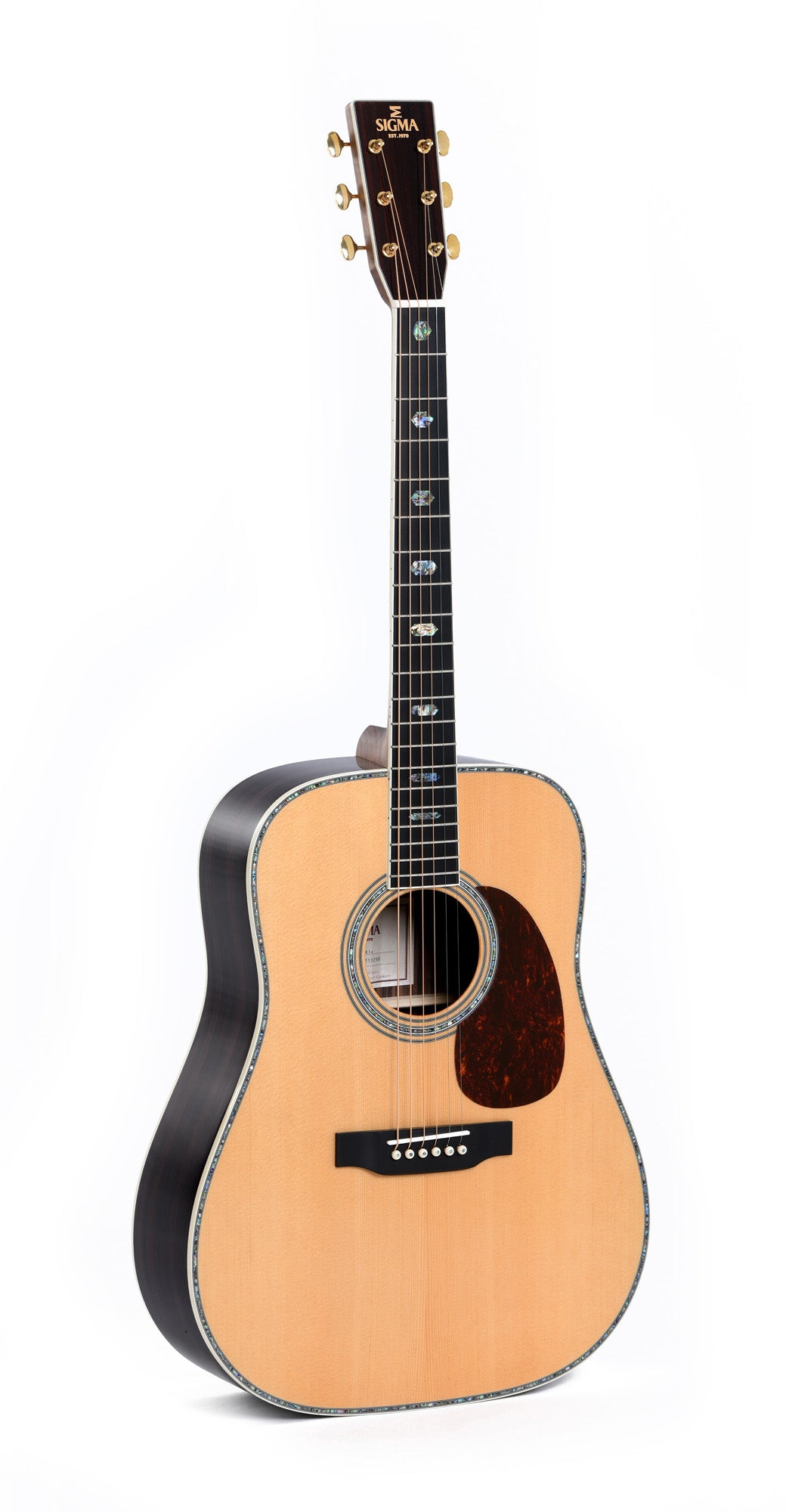 Modèle DT-41, Dreadnought, table épicéa massif, f/e tilia, touche micarta, binding abalone, naturel brillant