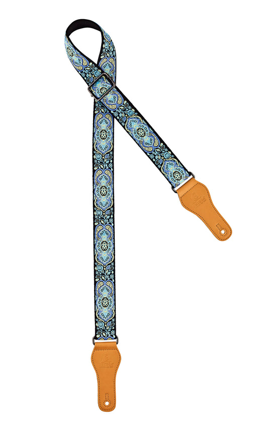 Courroie ukulélé, 100% coton, extrémités simili cuir, largeur 3.7 cm, longueur jusqu'à 139 cm, classic blue