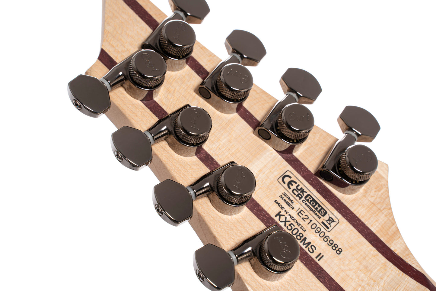 KX508MS2, 8 cordes, corps okoumé, table peuplier figuré, frettes en éventail, touche ébène, micros Fishman, mariana blue burst