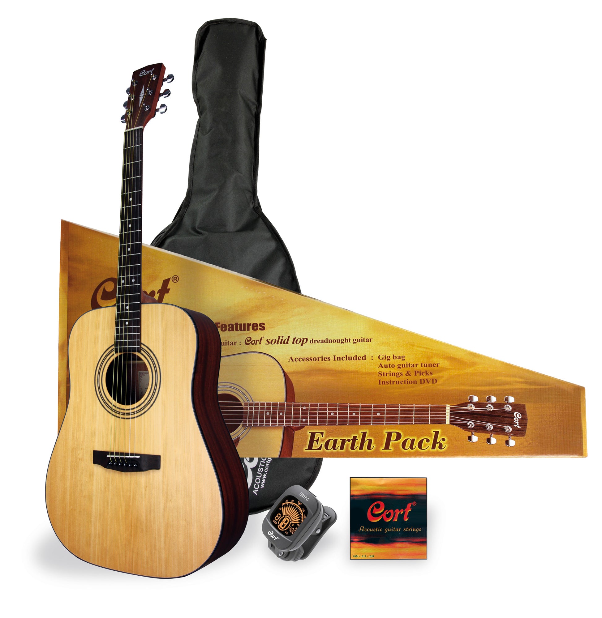 Pack Earth: guitare avec table épicéa massif, housse, accordeur, sangle, médiators, naturel pores ouverts